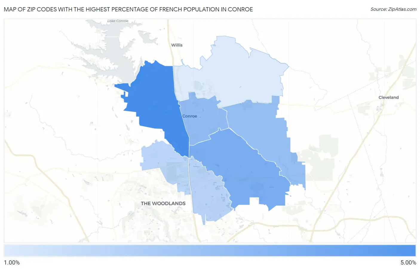 Zip Codes with the Highest Percentage of French Population in Conroe Map
