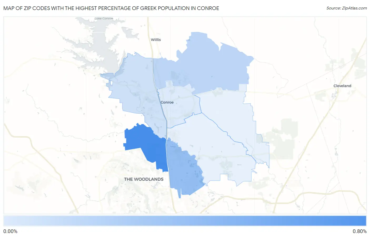 Zip Codes with the Highest Percentage of Greek Population in Conroe Map