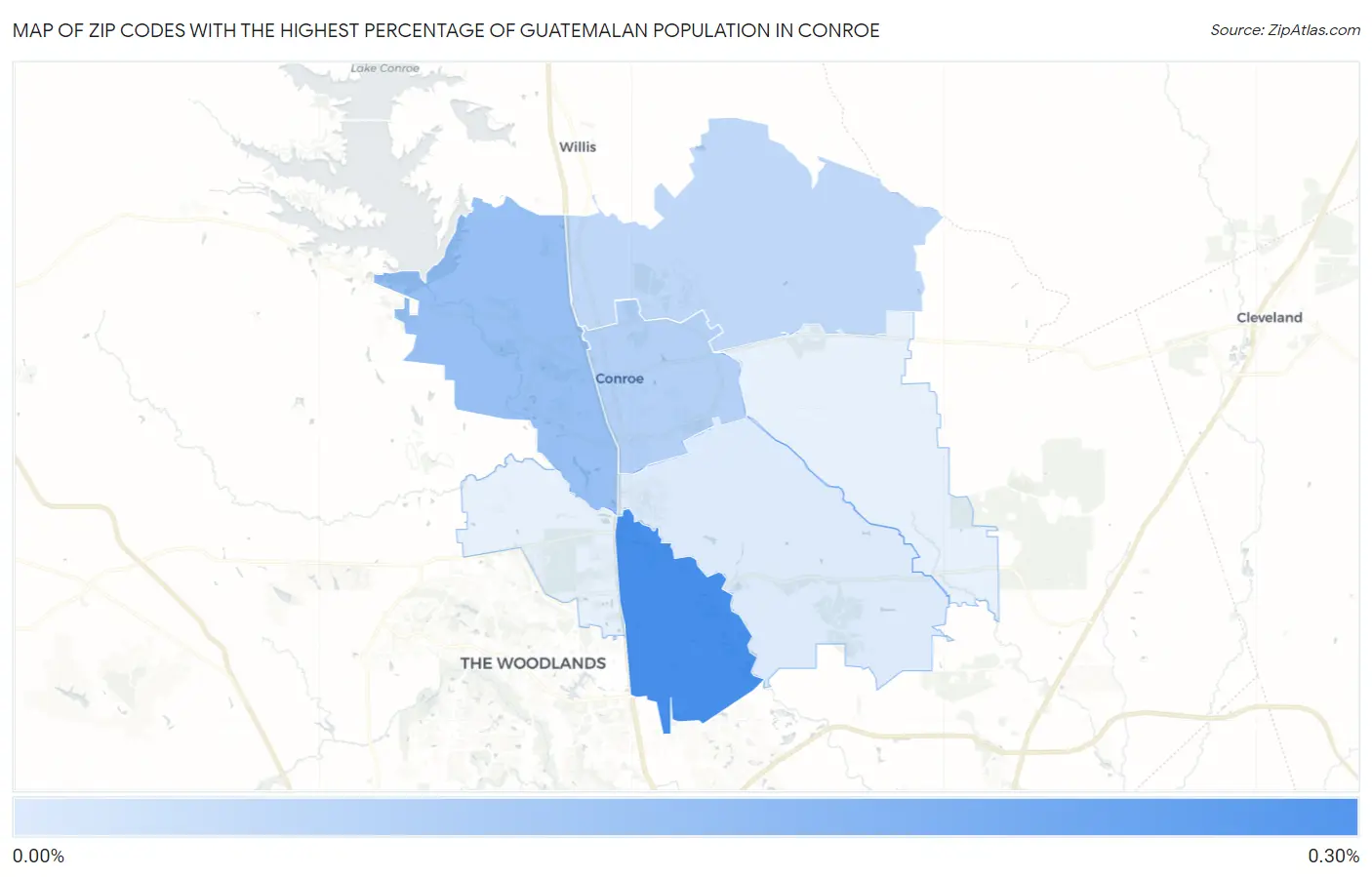 Zip Codes with the Highest Percentage of Guatemalan Population in Conroe Map