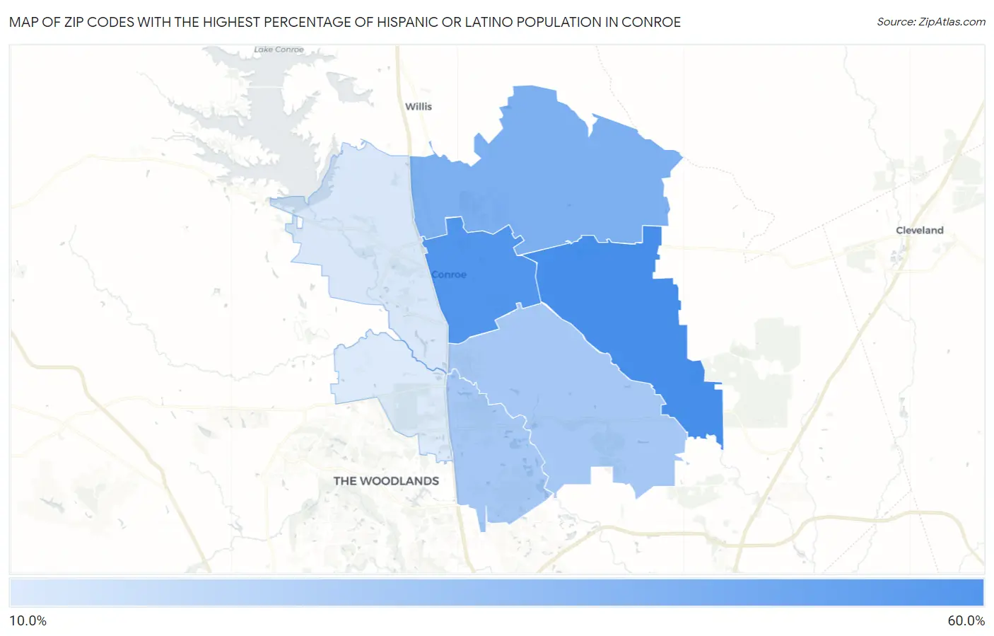 Zip Codes with the Highest Percentage of Hispanic or Latino Population in Conroe Map