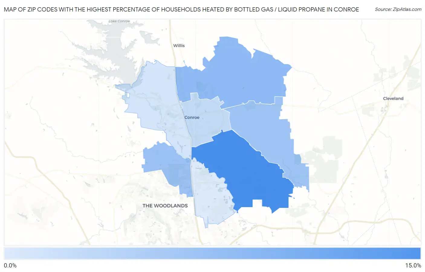 Zip Codes with the Highest Percentage of Households Heated by Bottled Gas / Liquid Propane in Conroe Map