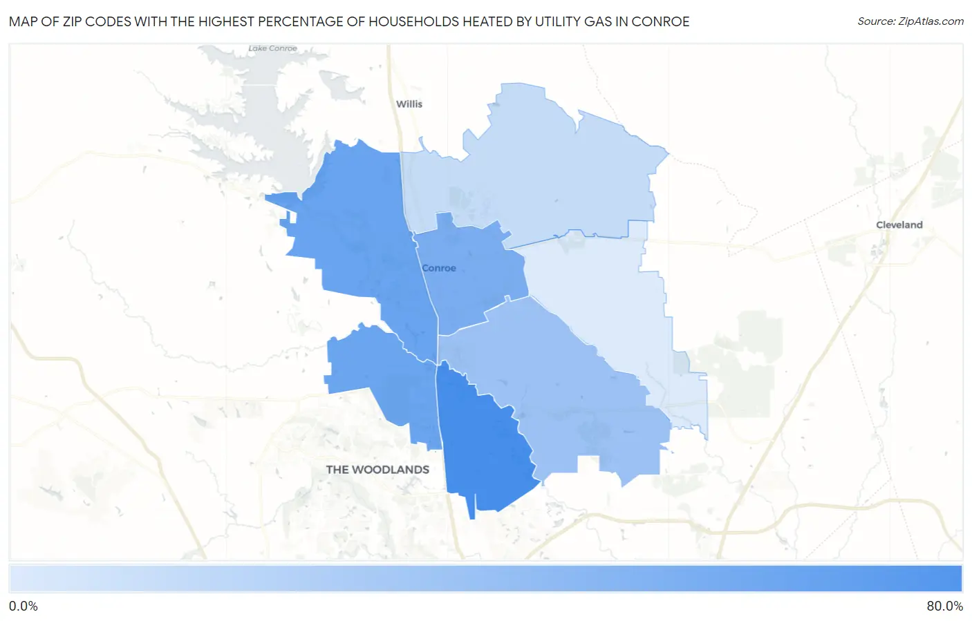 Zip Codes with the Highest Percentage of Households Heated by Utility Gas in Conroe Map