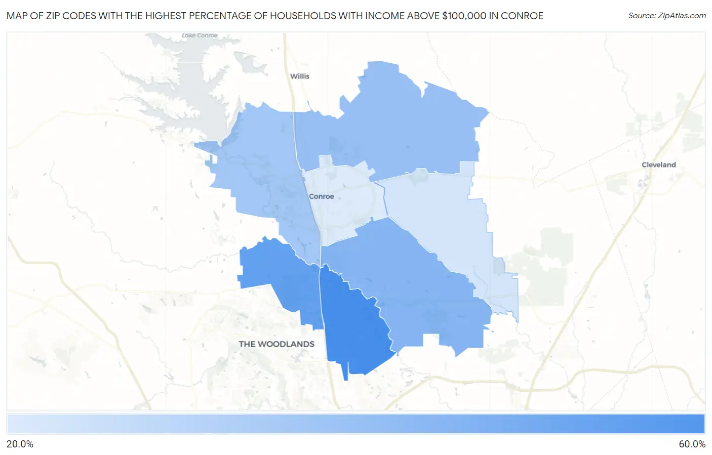Zip Codes with the Highest Percentage of Households with Income Above $100,000 in Conroe Map
