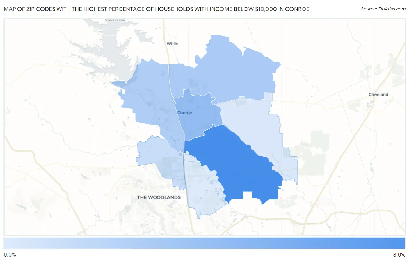 Zip Codes with the Highest Percentage of Households with Income Below $10,000 in Conroe Map