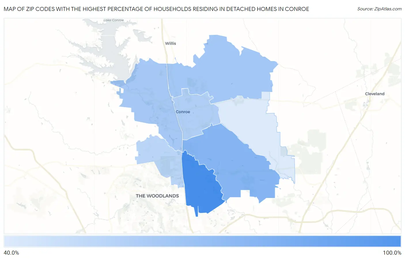 Zip Codes with the Highest Percentage of Households Residing in Detached Homes in Conroe Map