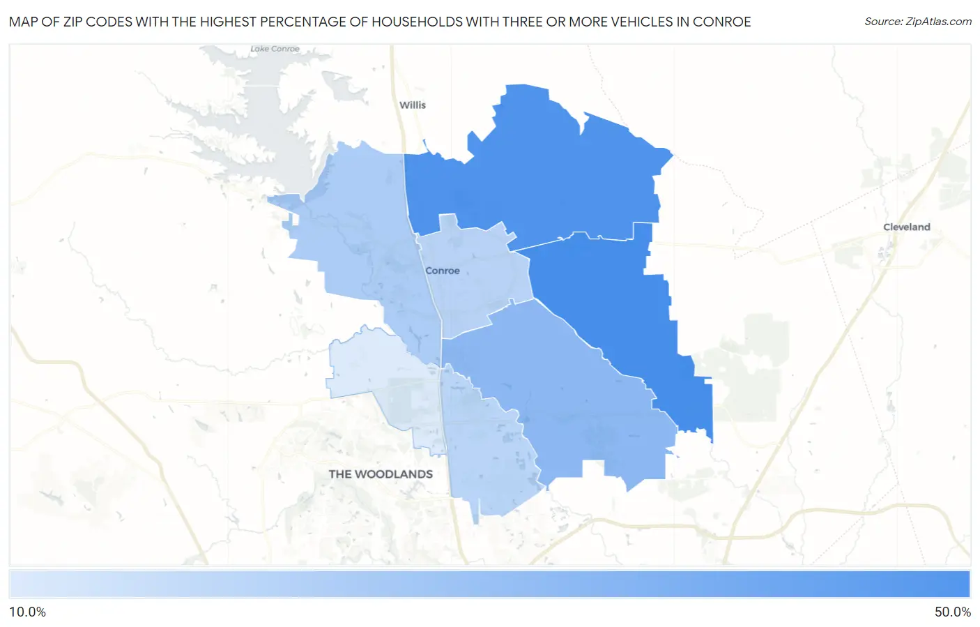 Zip Codes with the Highest Percentage of Households With Three or more Vehicles in Conroe Map
