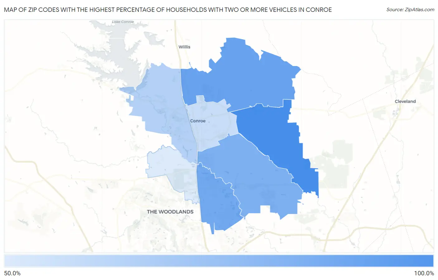 Zip Codes with the Highest Percentage of Households With Two or more Vehicles in Conroe Map