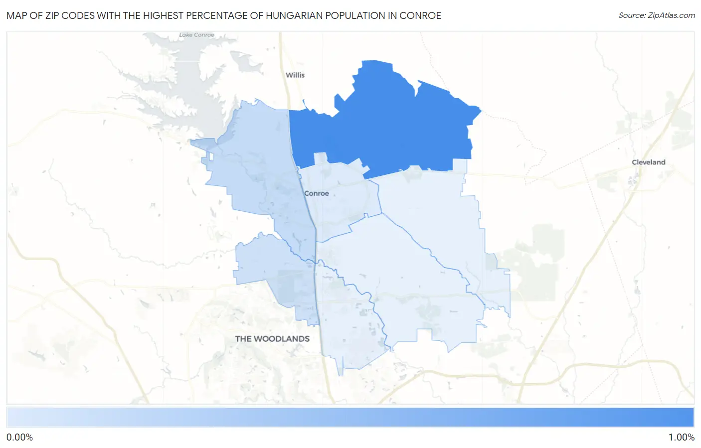 Zip Codes with the Highest Percentage of Hungarian Population in Conroe Map