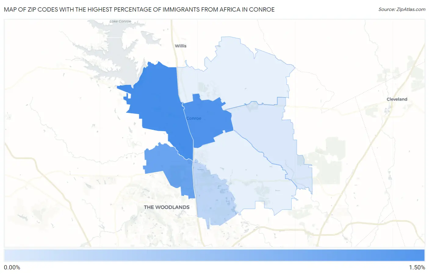 Zip Codes with the Highest Percentage of Immigrants from Africa in Conroe Map