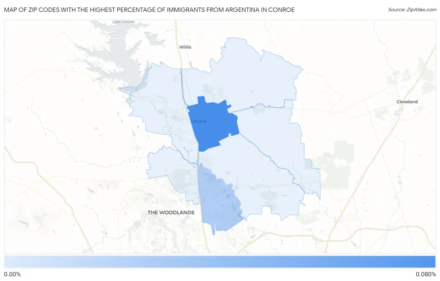 Zip Codes with the Highest Percentage of Immigrants from Argentina in Conroe Map