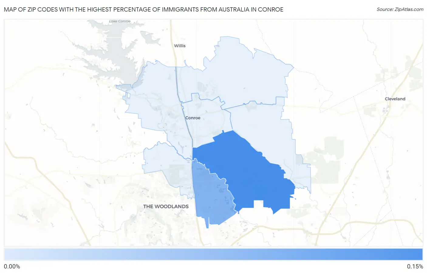 Zip Codes with the Highest Percentage of Immigrants from Australia in Conroe Map
