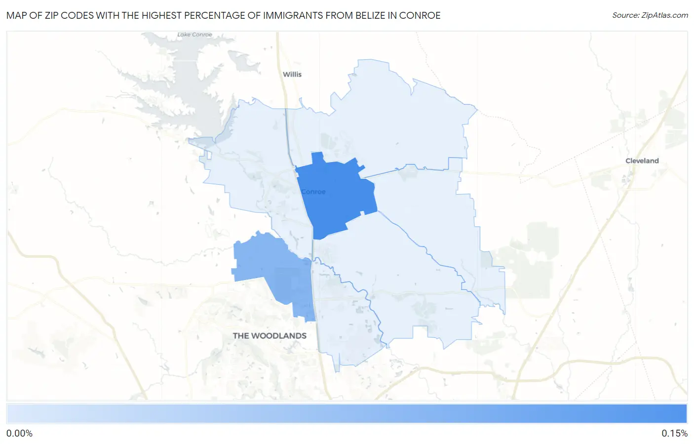 Zip Codes with the Highest Percentage of Immigrants from Belize in Conroe Map