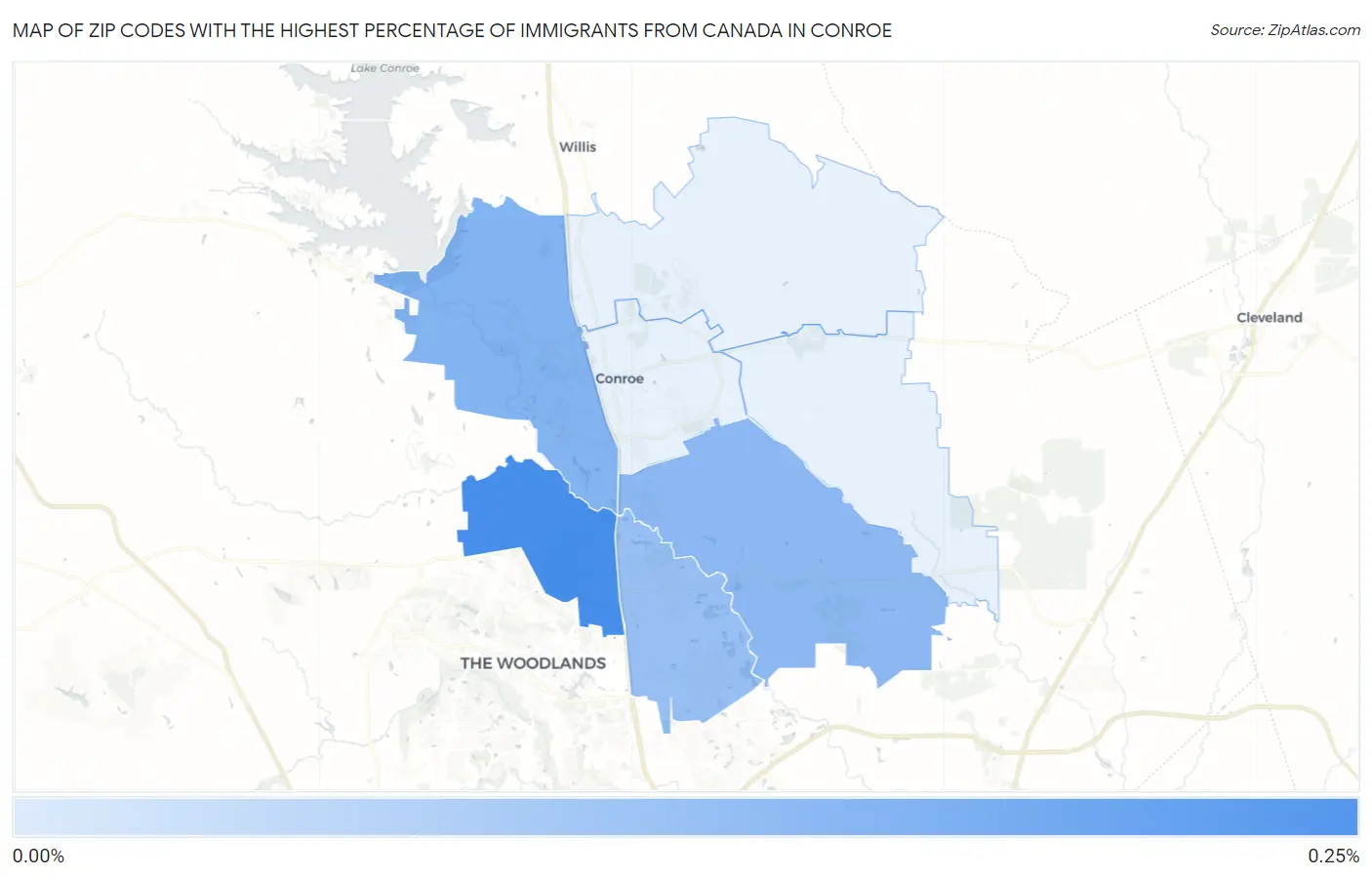 Zip Codes with the Highest Percentage of Immigrants from Canada in Conroe Map