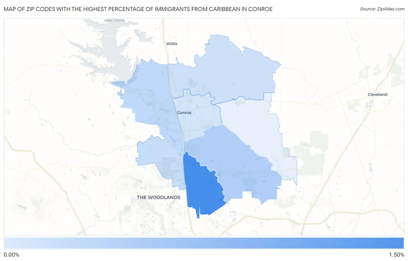 Zip Codes with the Highest Percentage of Immigrants from Caribbean in Conroe Map