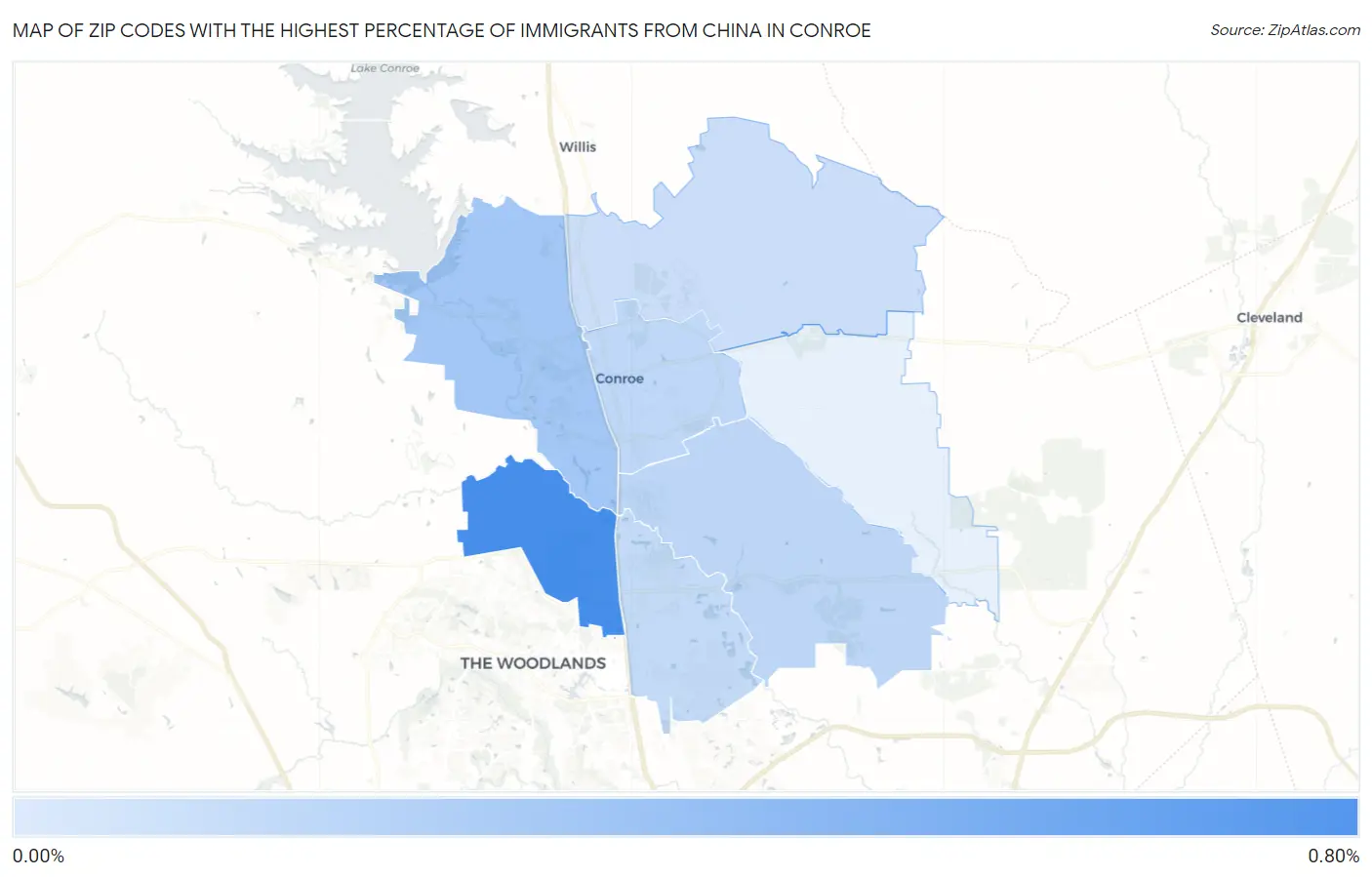 Zip Codes with the Highest Percentage of Immigrants from China in Conroe Map