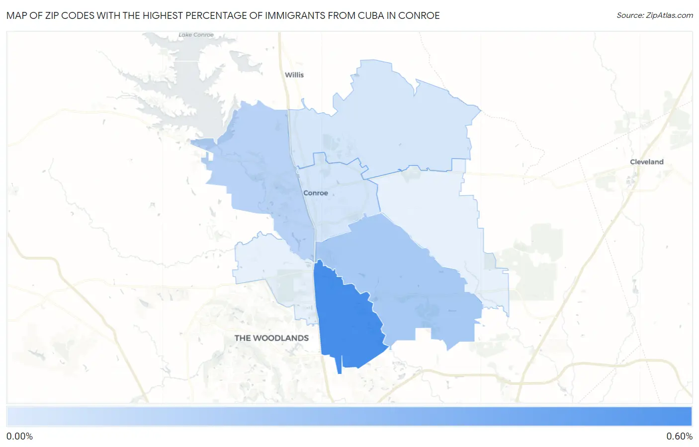 Zip Codes with the Highest Percentage of Immigrants from Cuba in Conroe Map
