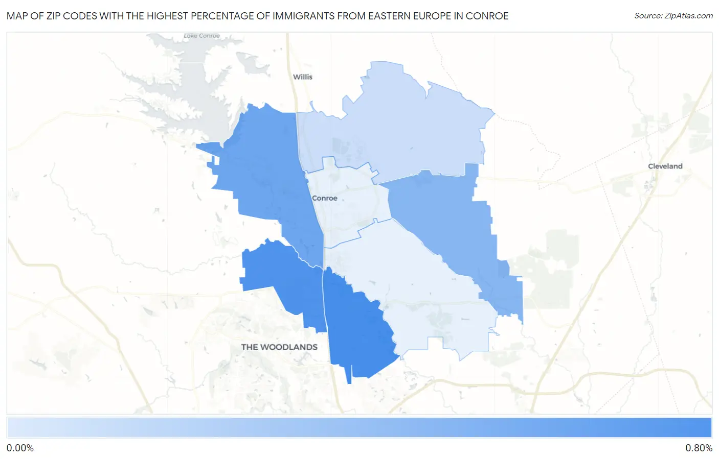 Zip Codes with the Highest Percentage of Immigrants from Eastern Europe in Conroe Map