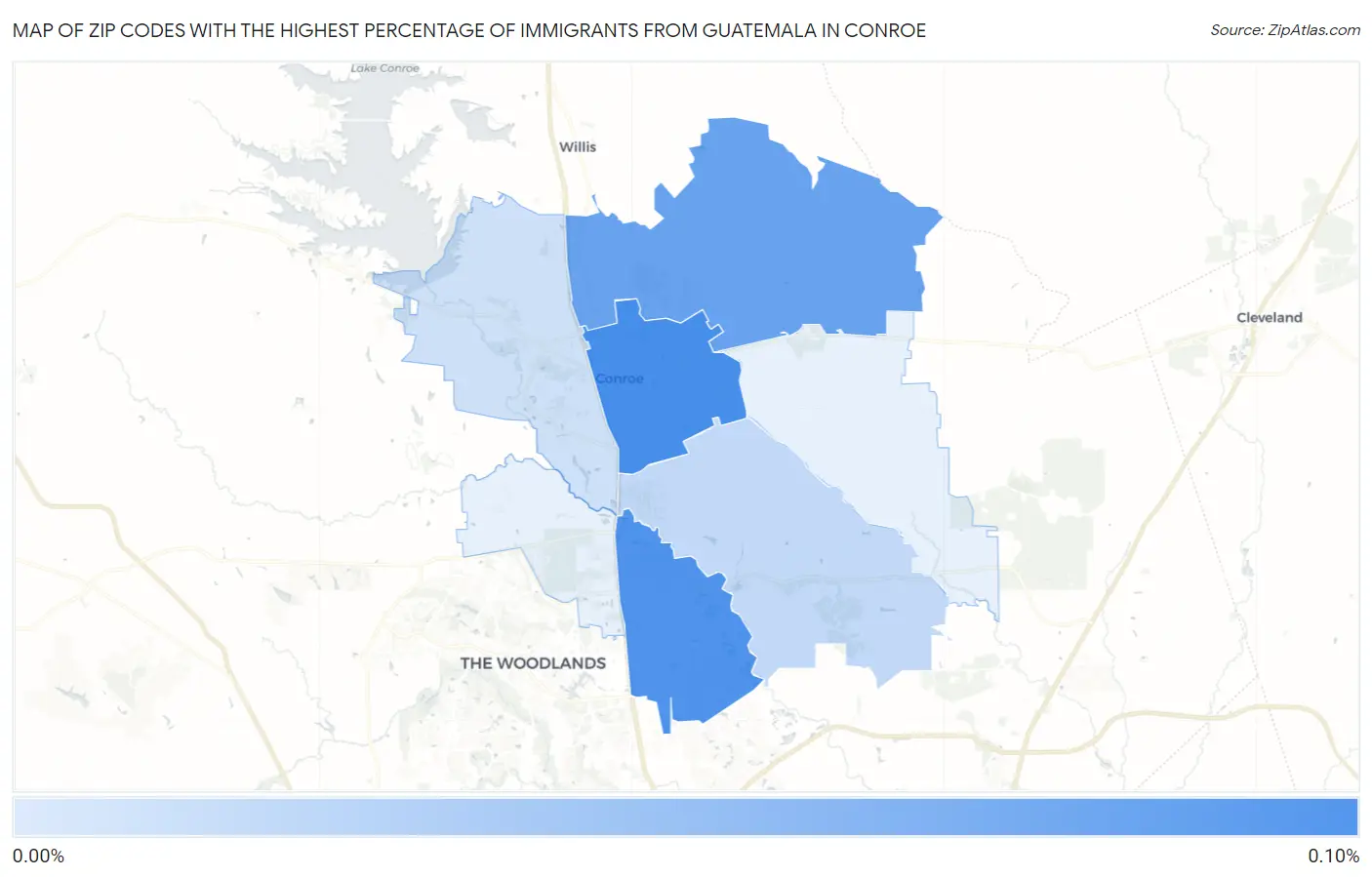 Zip Codes with the Highest Percentage of Immigrants from Guatemala in Conroe Map