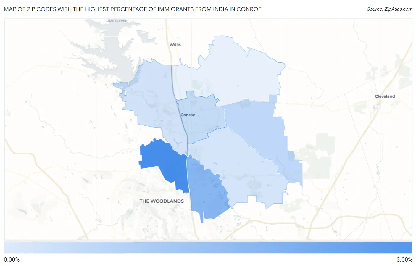 Zip Codes with the Highest Percentage of Immigrants from India in Conroe Map