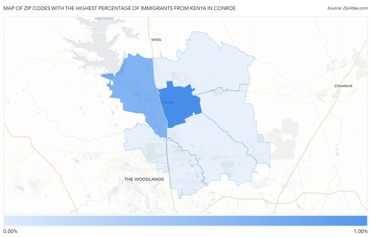 Zip Codes with the Highest Percentage of Immigrants from Kenya in Conroe Map