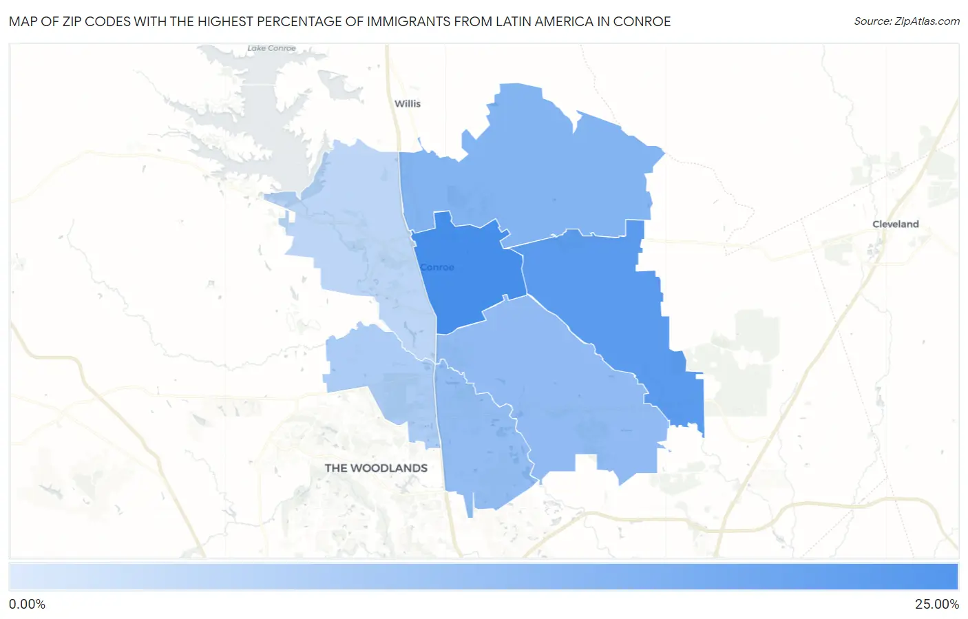 Zip Codes with the Highest Percentage of Immigrants from Latin America in Conroe Map