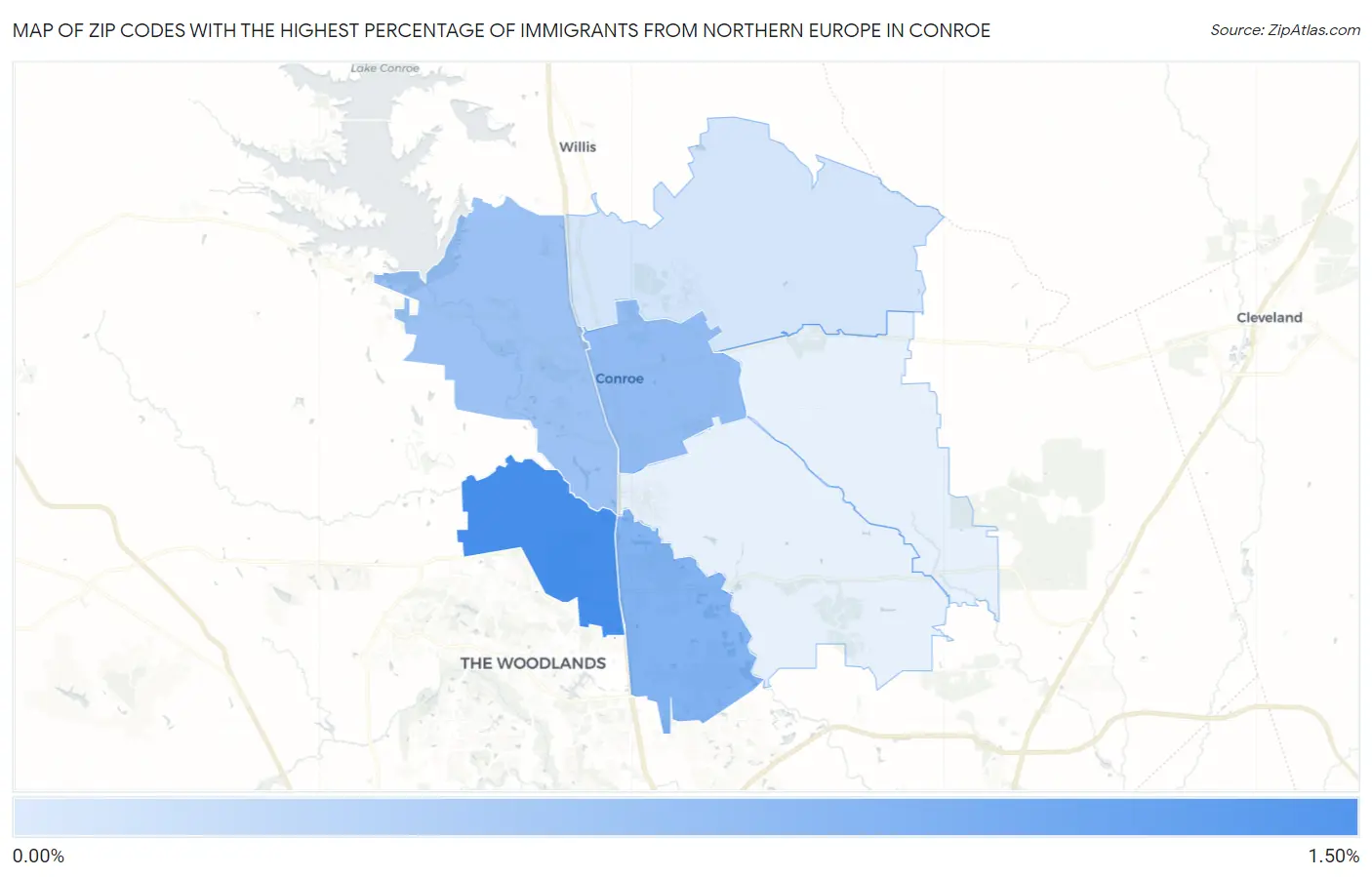 Zip Codes with the Highest Percentage of Immigrants from Northern Europe in Conroe Map