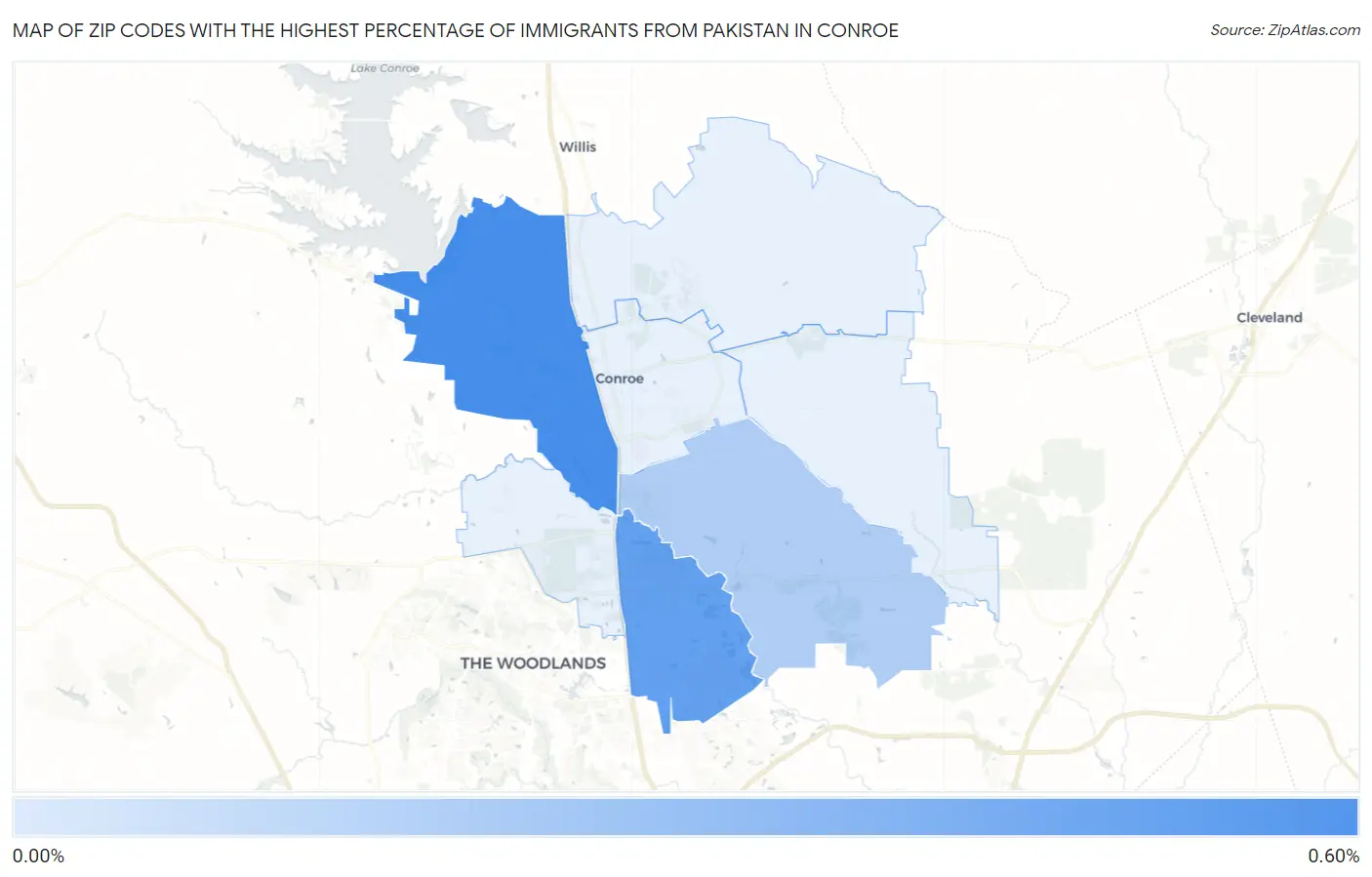 Zip Codes with the Highest Percentage of Immigrants from Pakistan in Conroe Map