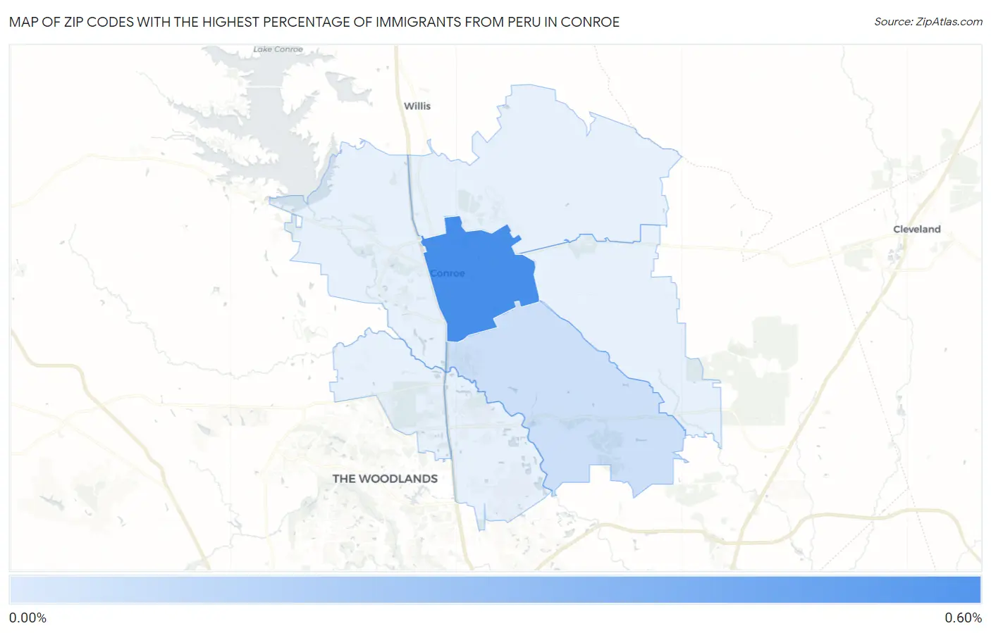 Zip Codes with the Highest Percentage of Immigrants from Peru in Conroe Map