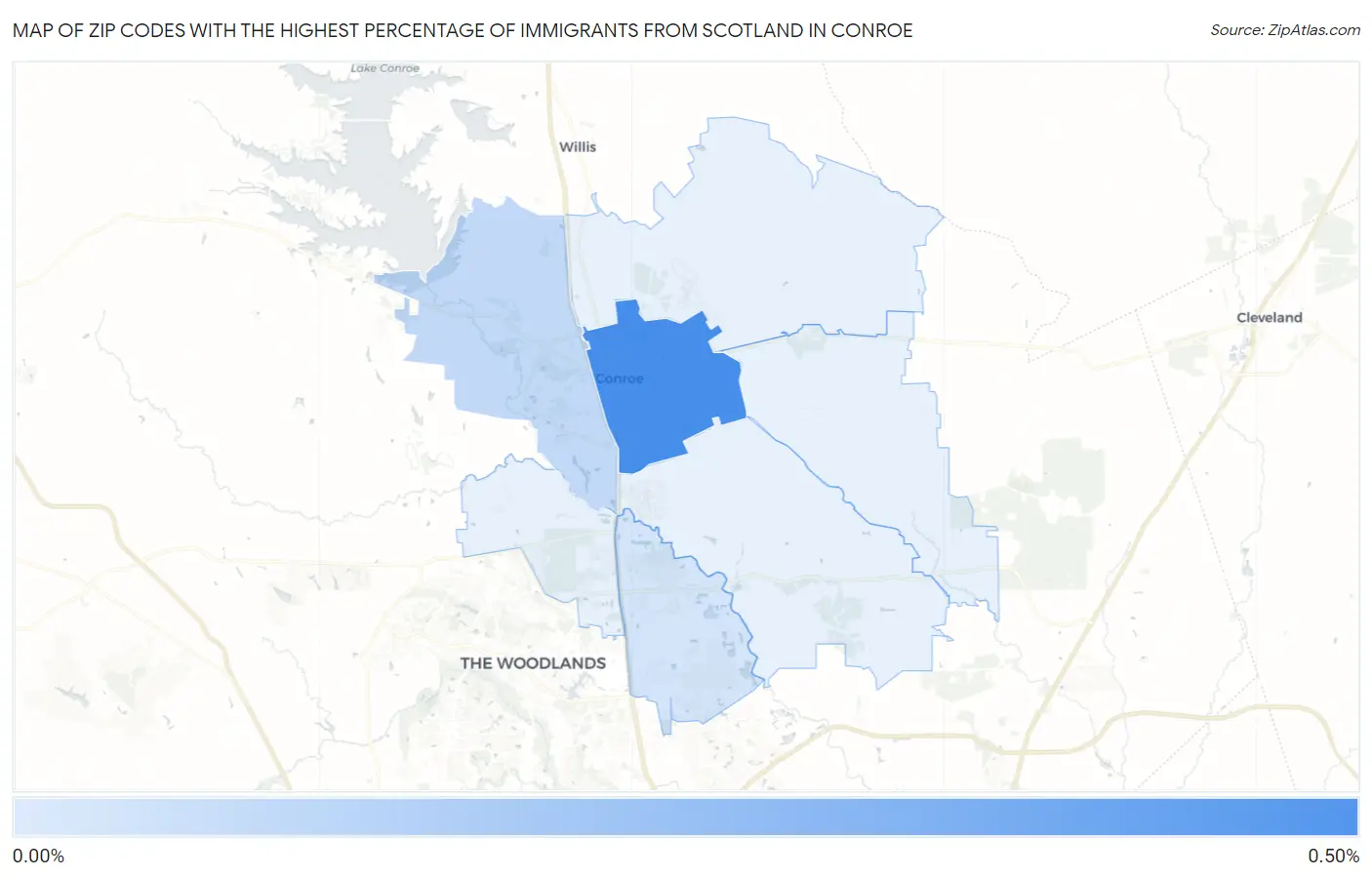 Zip Codes with the Highest Percentage of Immigrants from Scotland in Conroe Map