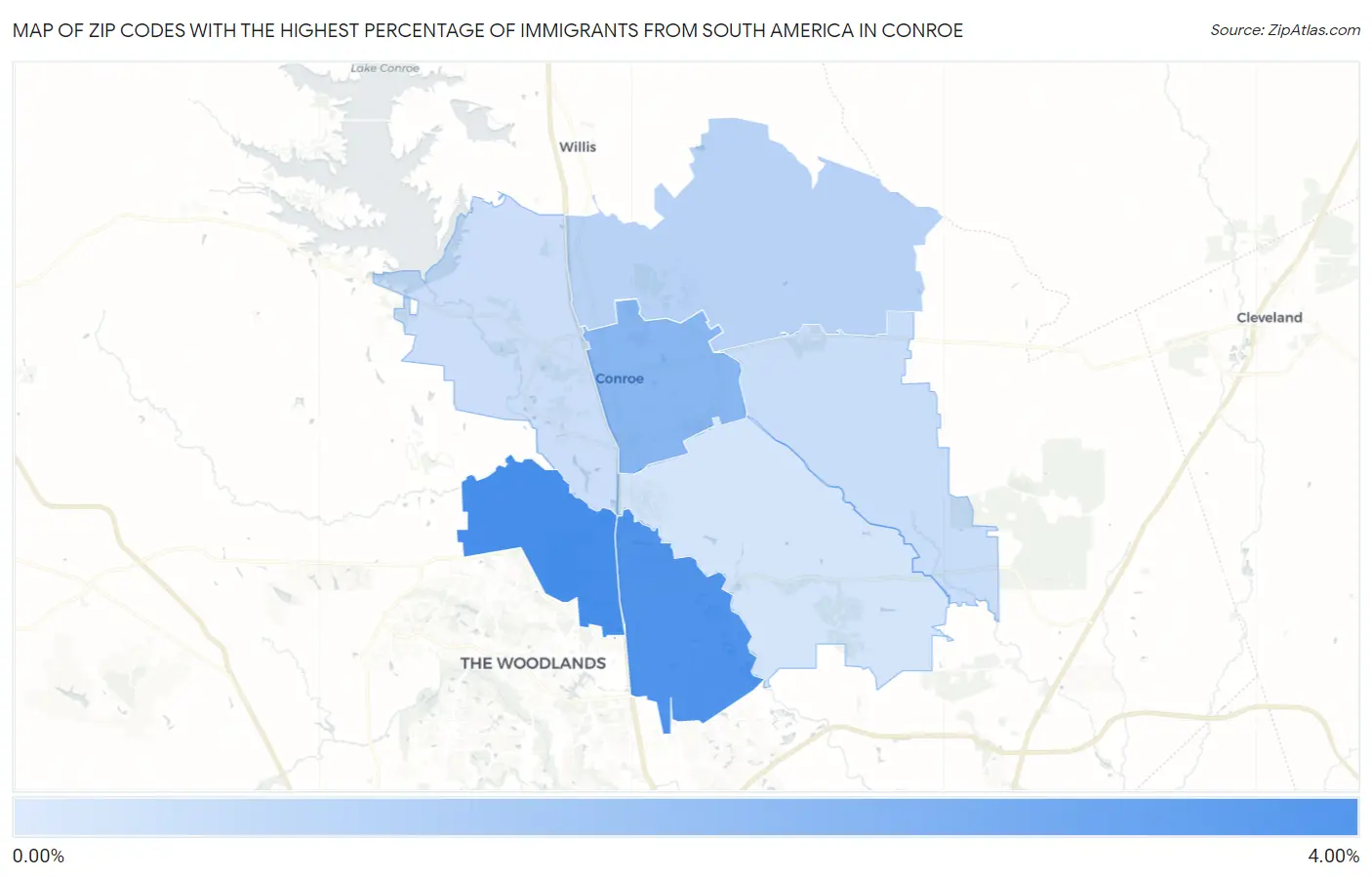 Zip Codes with the Highest Percentage of Immigrants from South America in Conroe Map