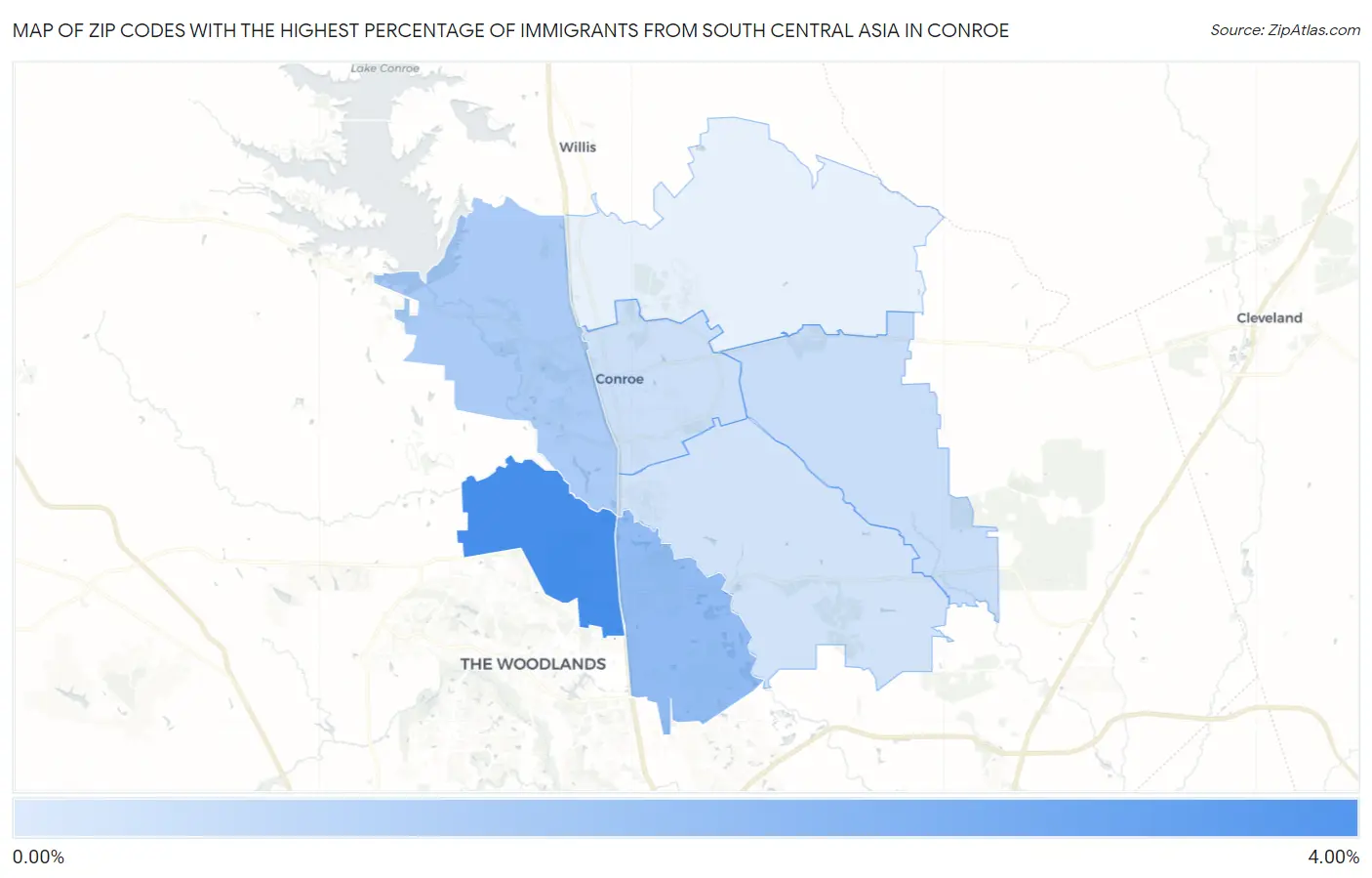 Zip Codes with the Highest Percentage of Immigrants from South Central Asia in Conroe Map