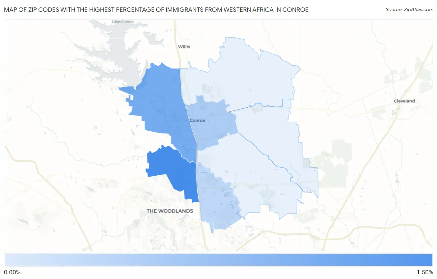 Zip Codes with the Highest Percentage of Immigrants from Western Africa in Conroe Map