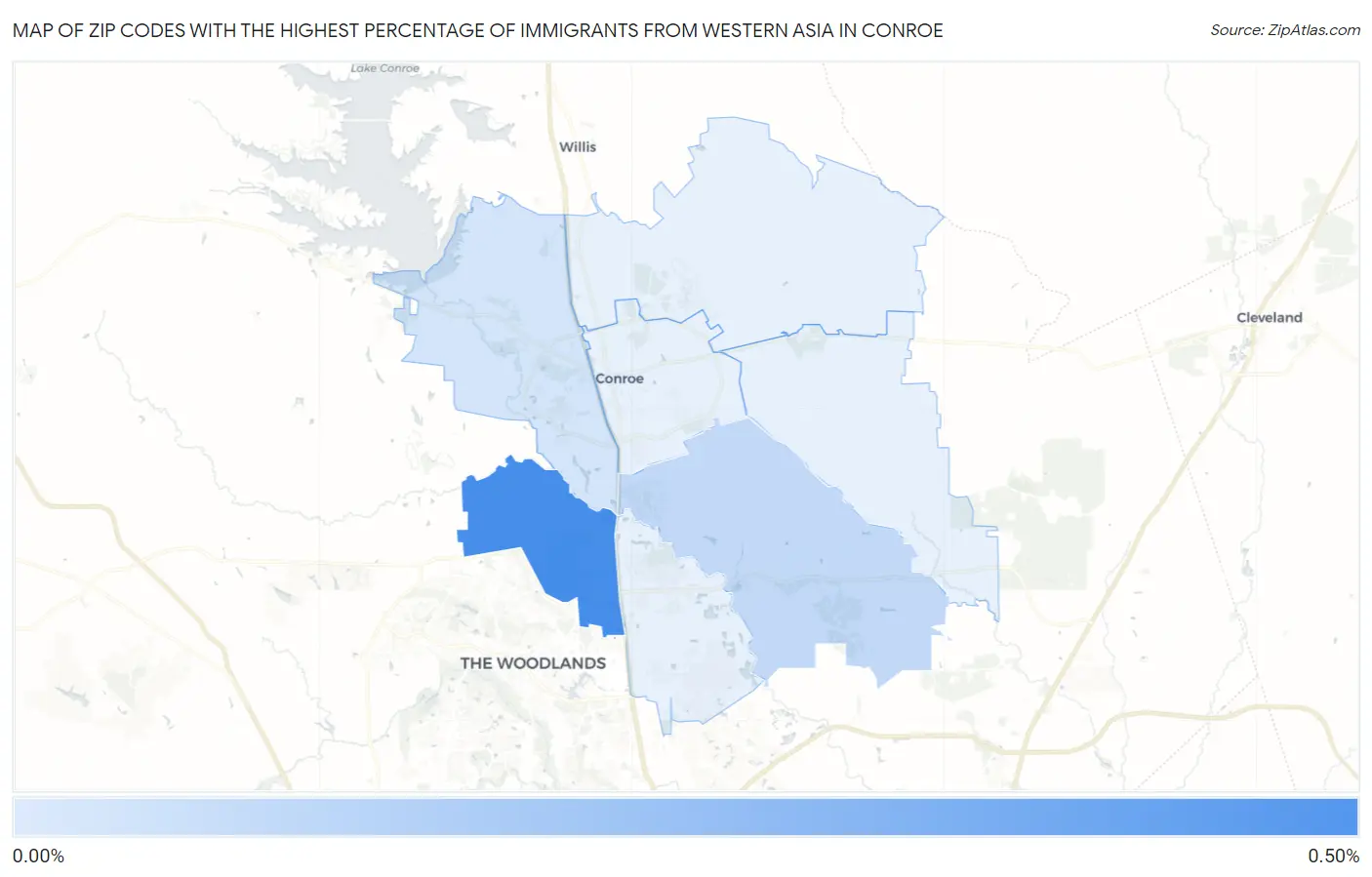 Zip Codes with the Highest Percentage of Immigrants from Western Asia in Conroe Map
