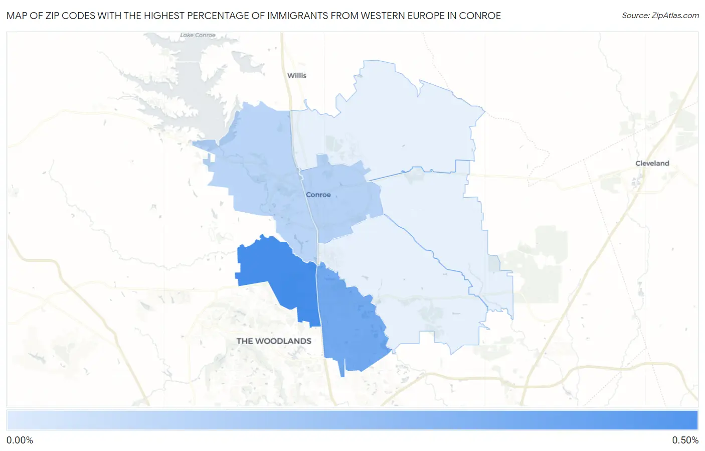 Zip Codes with the Highest Percentage of Immigrants from Western Europe in Conroe Map