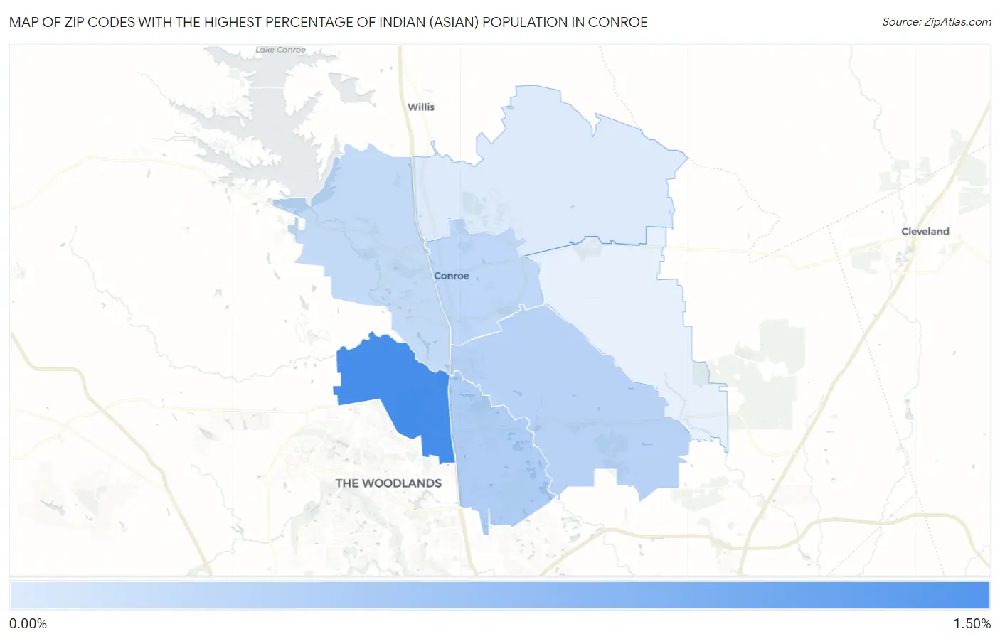 Zip Codes with the Highest Percentage of Indian (Asian) Population in Conroe Map