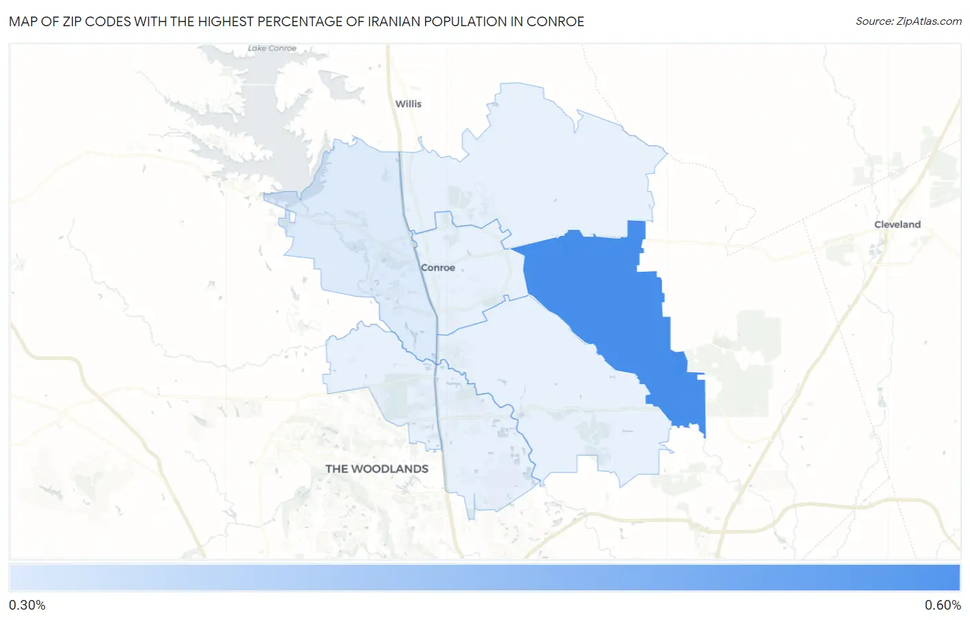 Zip Codes with the Highest Percentage of Iranian Population in Conroe Map