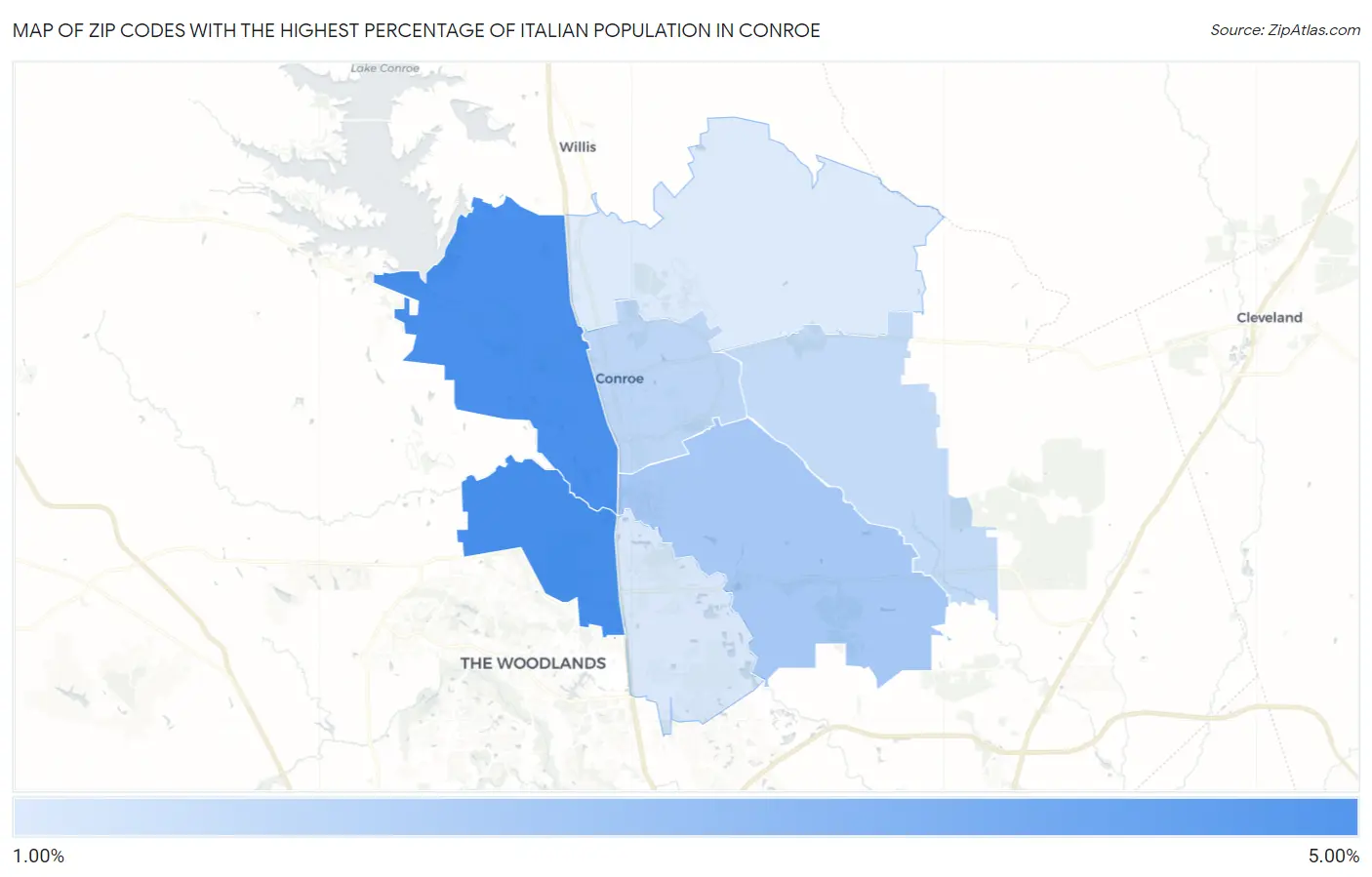 Zip Codes with the Highest Percentage of Italian Population in Conroe Map