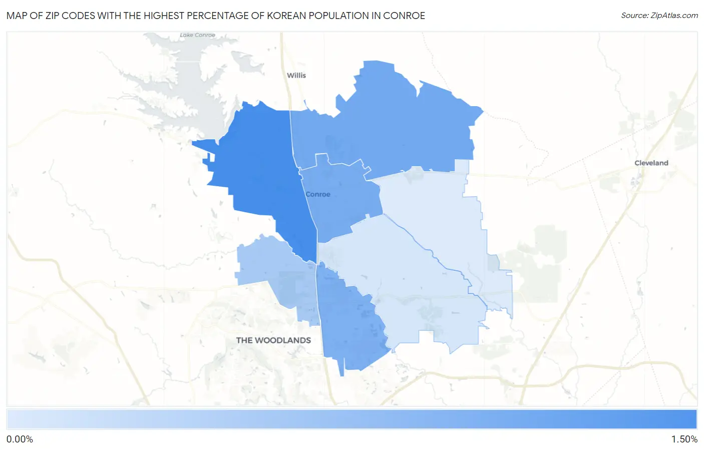 Zip Codes with the Highest Percentage of Korean Population in Conroe Map