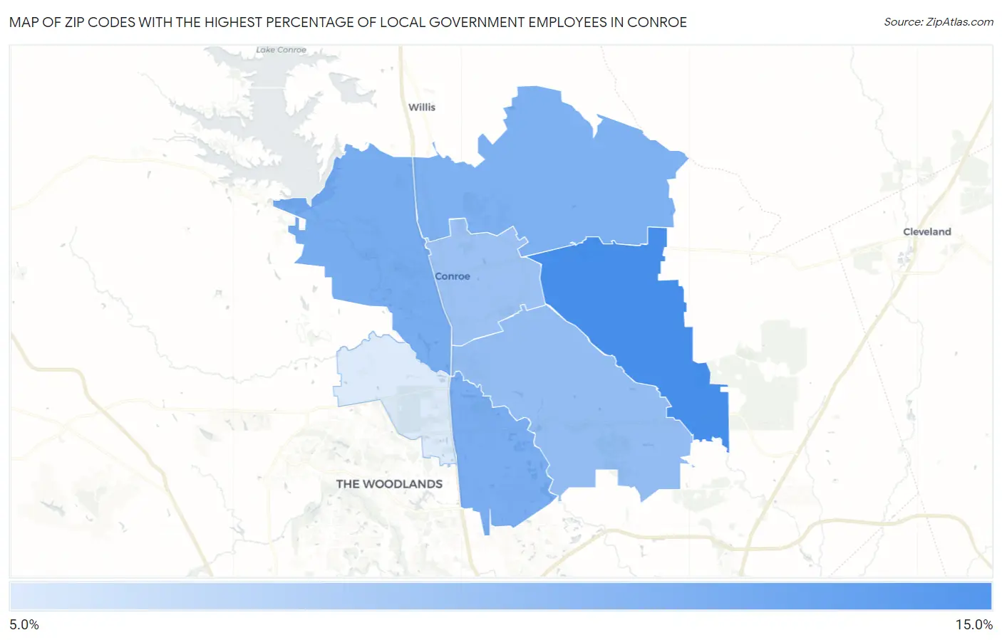 Zip Codes with the Highest Percentage of Local Government Employees in Conroe Map