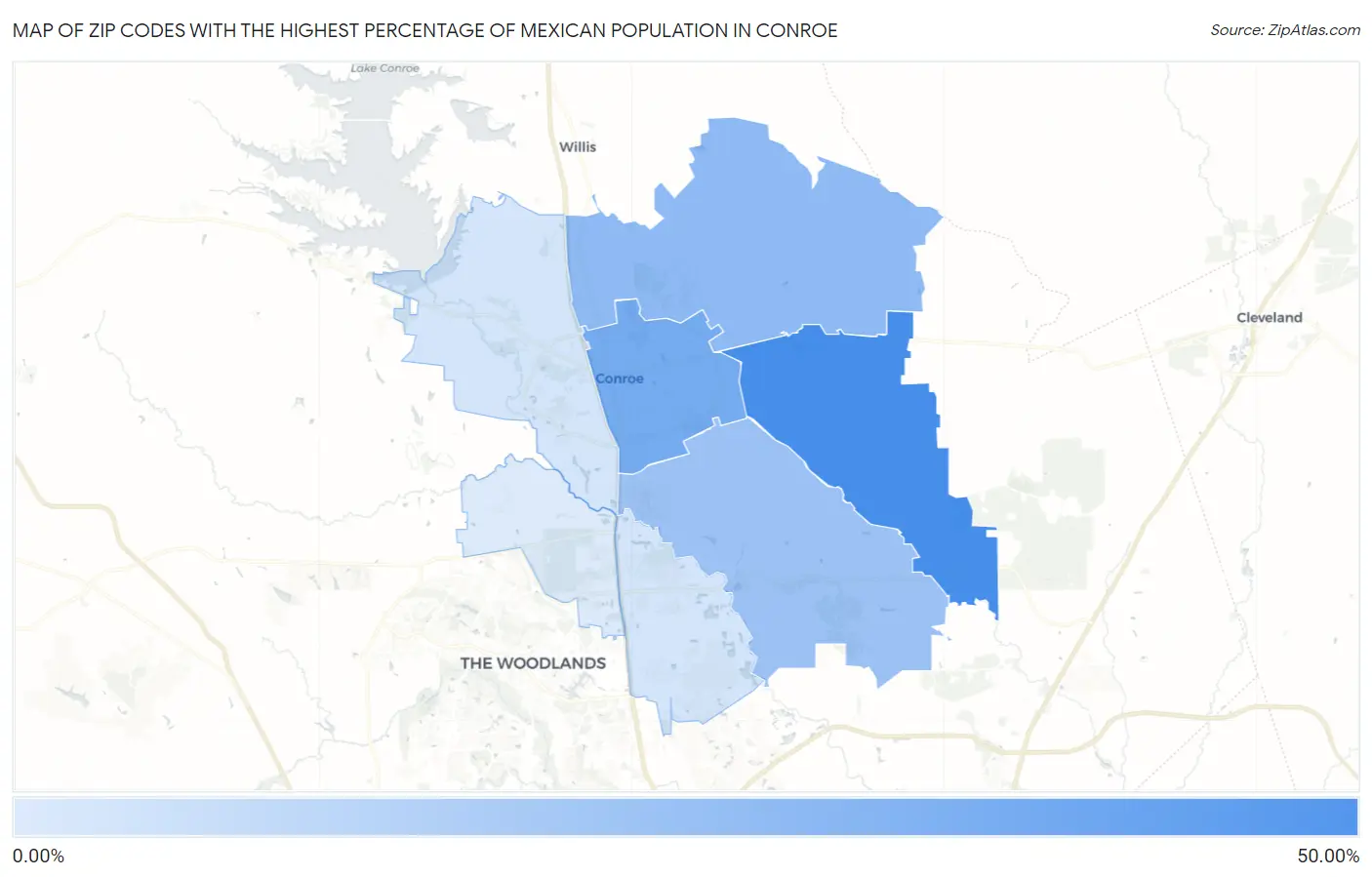 Zip Codes with the Highest Percentage of Mexican Population in Conroe Map