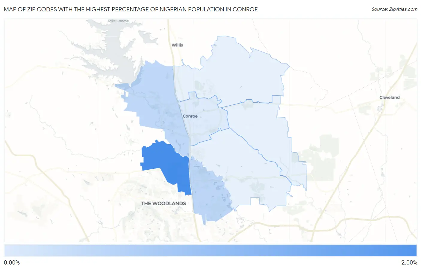 Zip Codes with the Highest Percentage of Nigerian Population in Conroe Map
