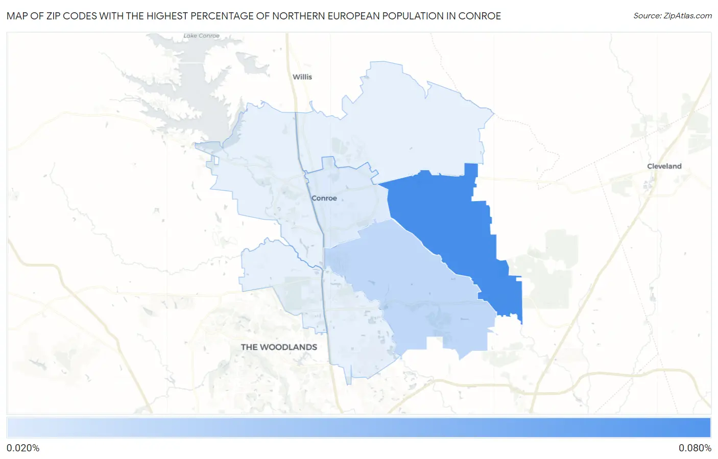 Zip Codes with the Highest Percentage of Northern European Population in Conroe Map