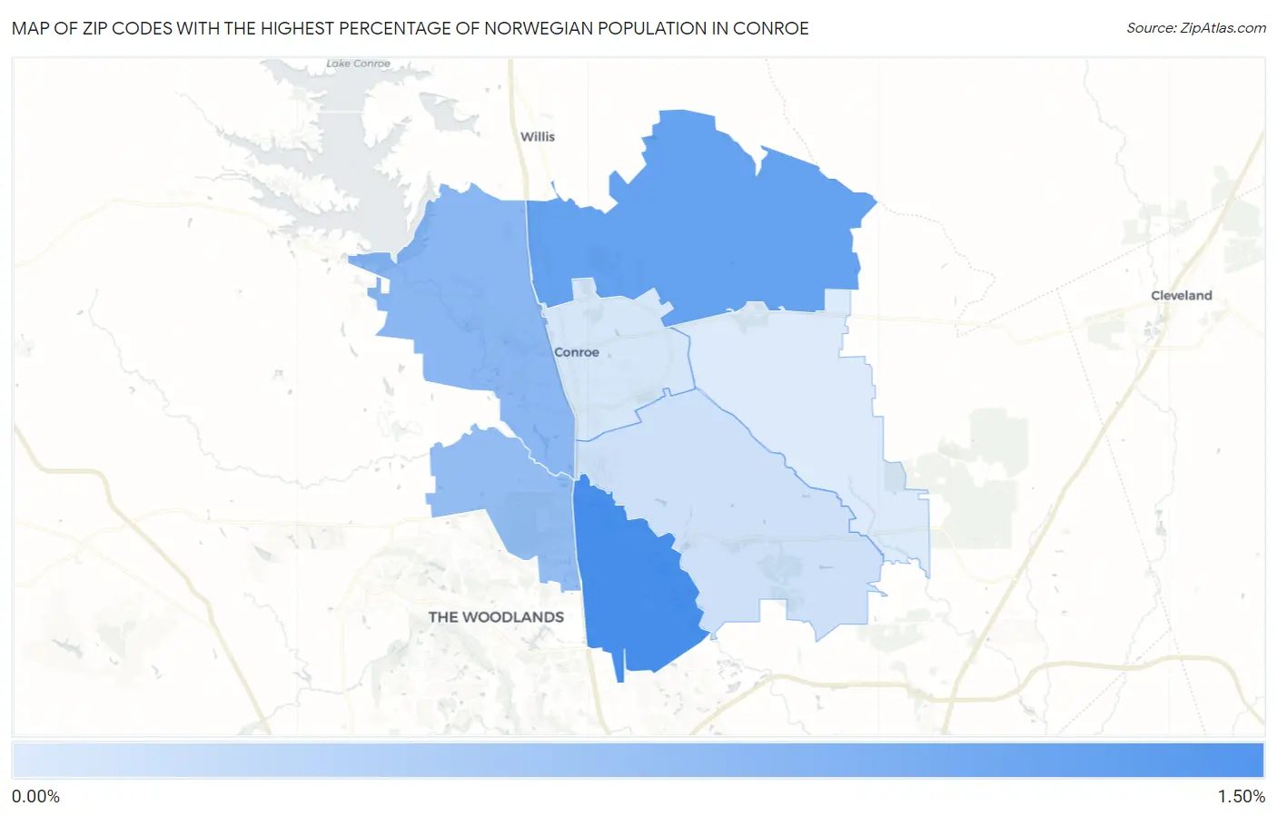 Zip Codes with the Highest Percentage of Norwegian Population in Conroe Map