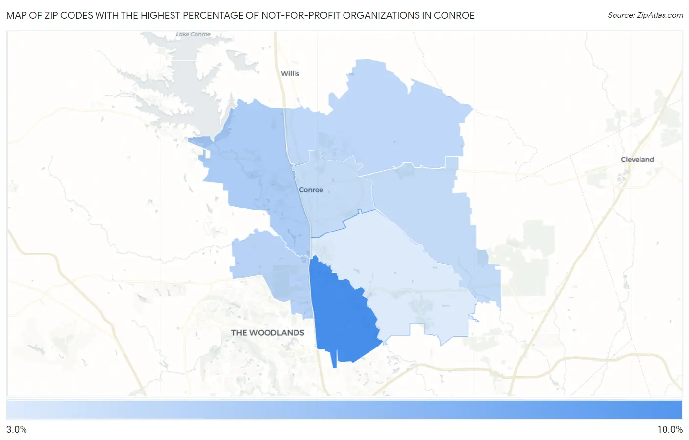 Zip Codes with the Highest Percentage of Not-for-profit Organizations in Conroe Map