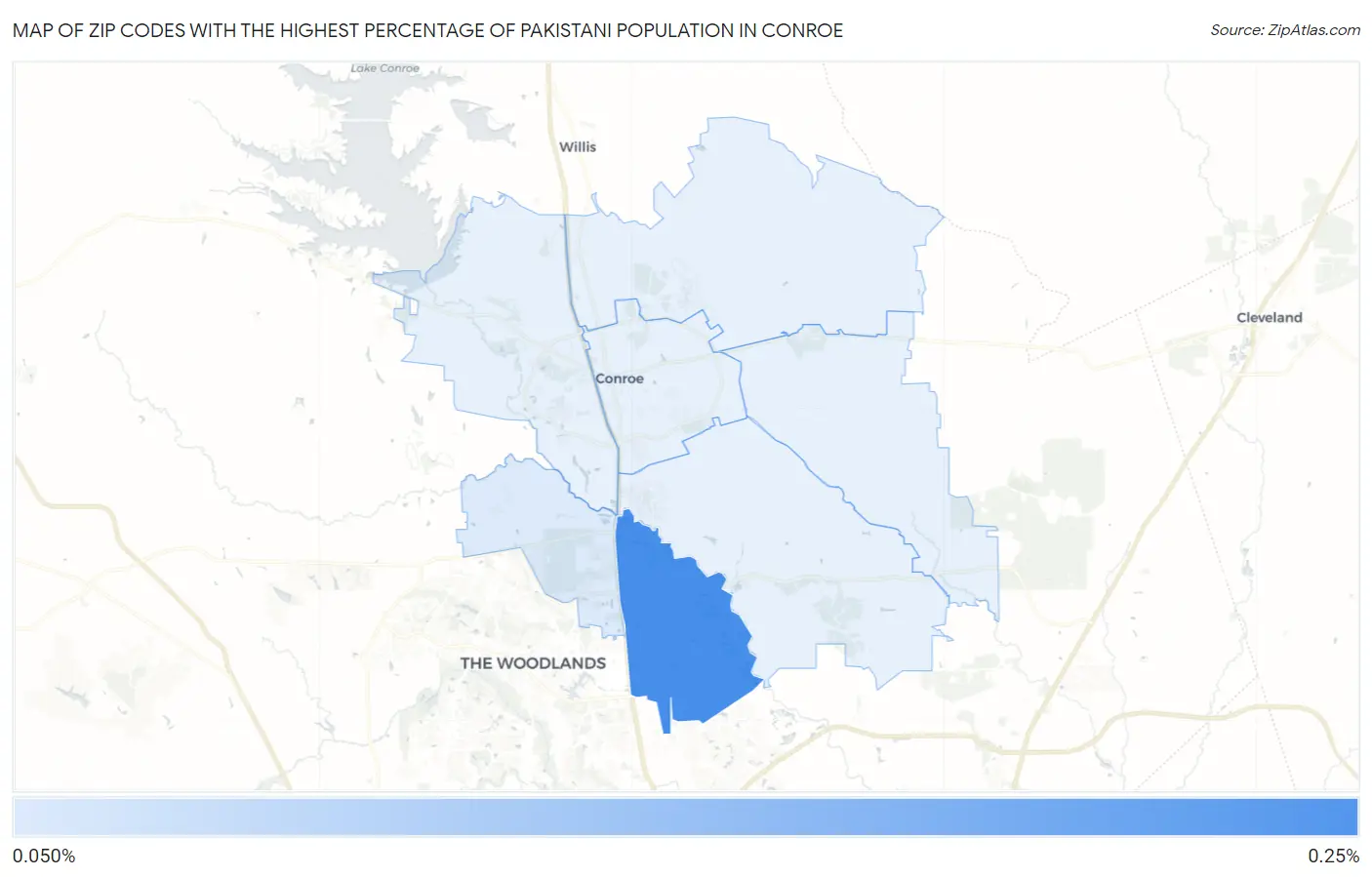 Zip Codes with the Highest Percentage of Pakistani Population in Conroe Map