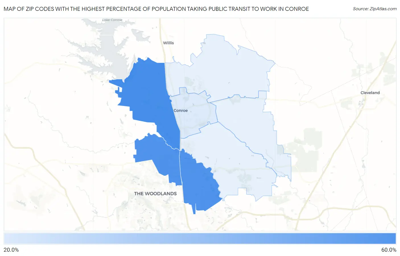 Zip Codes with the Highest Percentage of Population Taking Public Transit to Work in Conroe Map