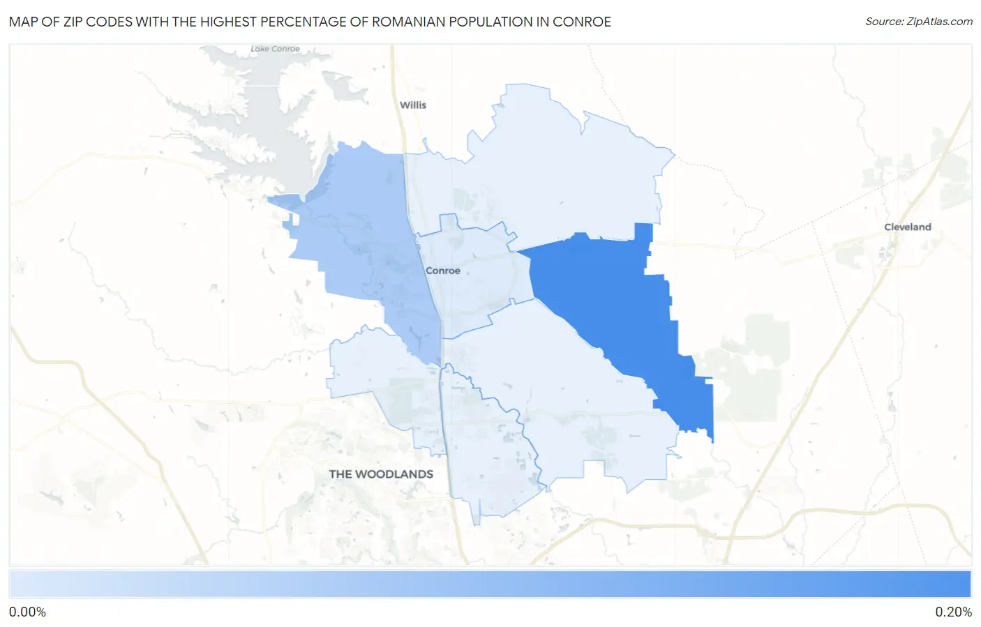 Zip Codes with the Highest Percentage of Romanian Population in Conroe Map