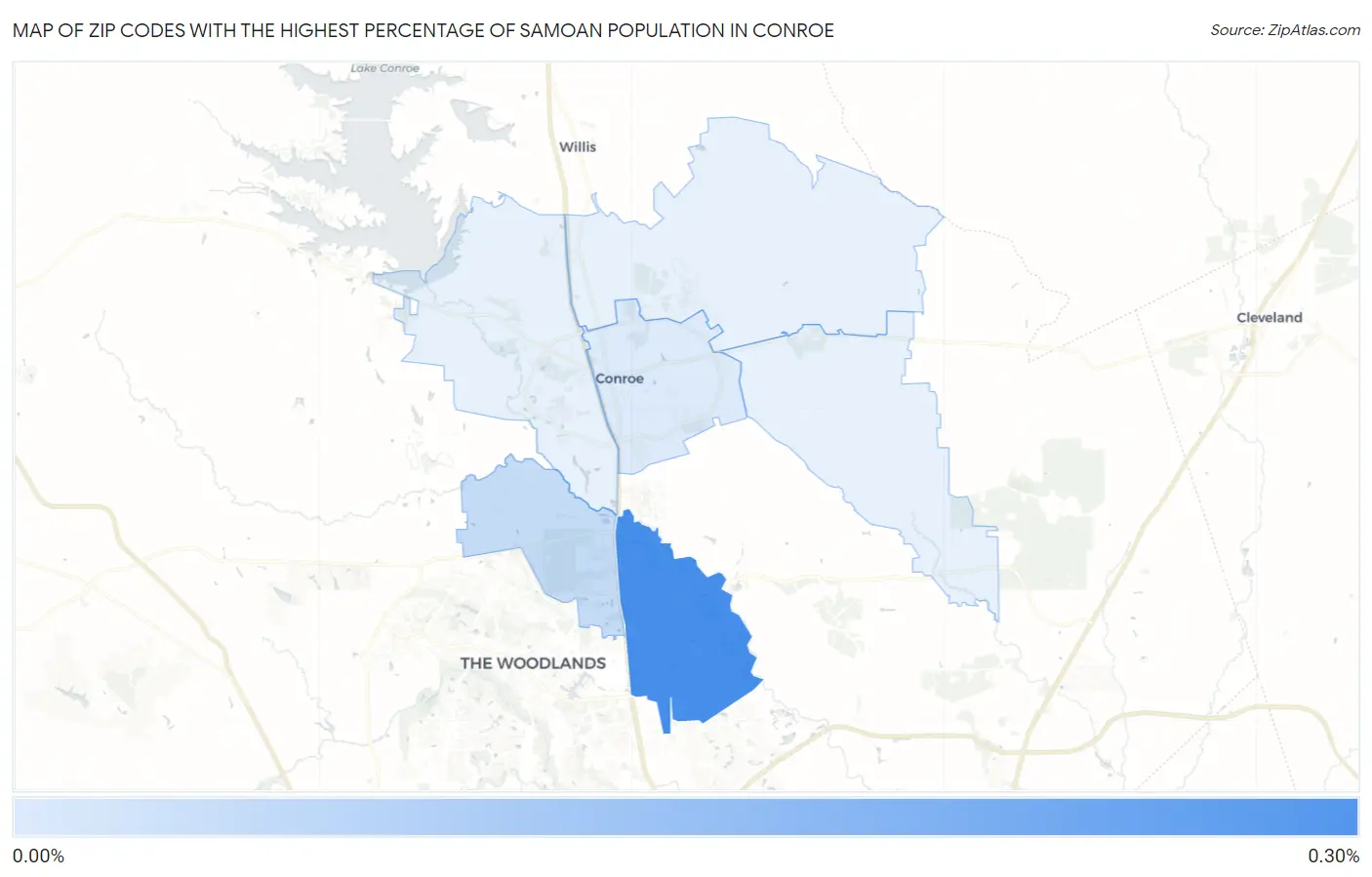 Zip Codes with the Highest Percentage of Samoan Population in Conroe Map