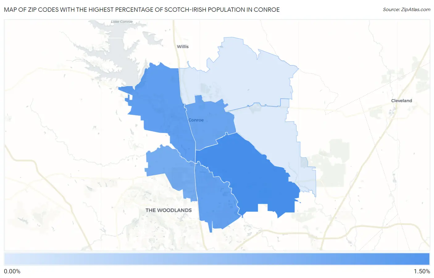 Zip Codes with the Highest Percentage of Scotch-Irish Population in Conroe Map