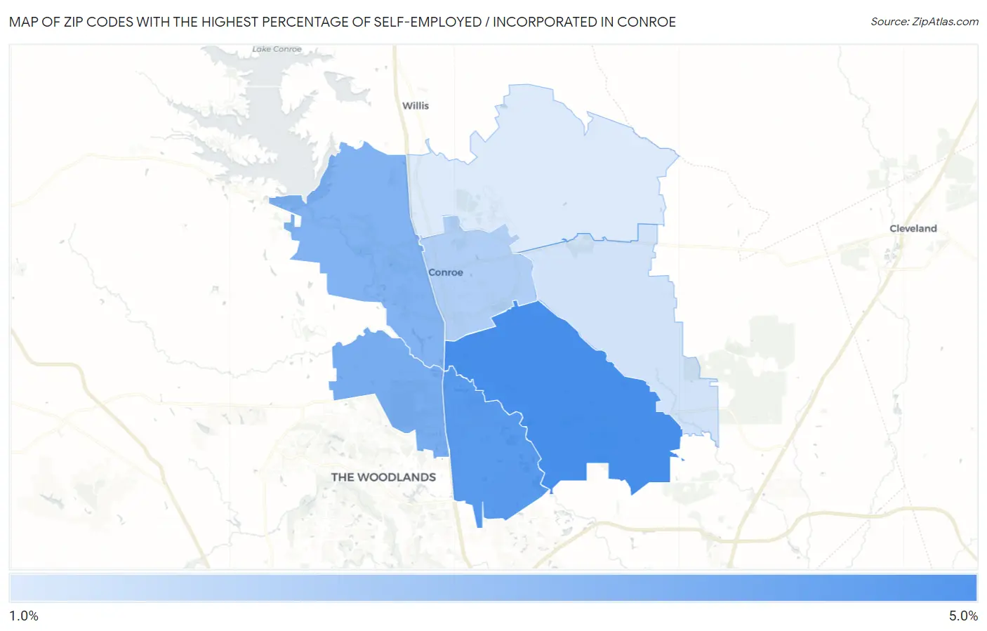 Zip Codes with the Highest Percentage of Self-Employed / Incorporated in Conroe Map